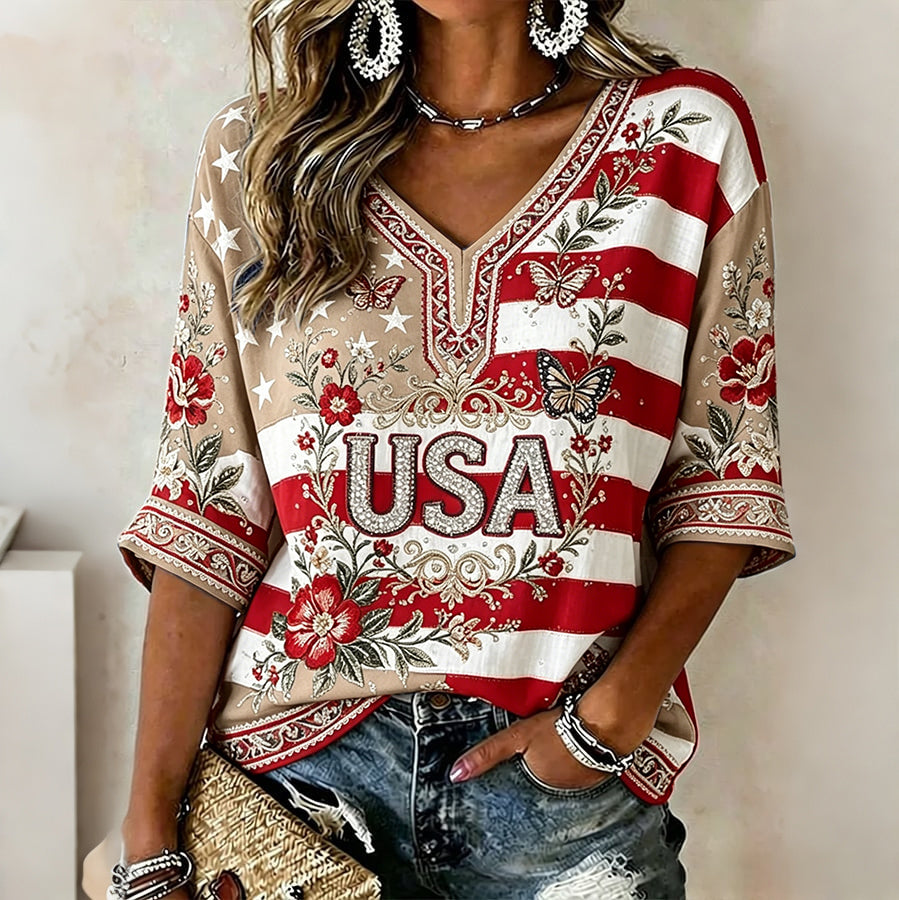 Vintage Usa Anniversary Art Casual V Neck T Shirt
