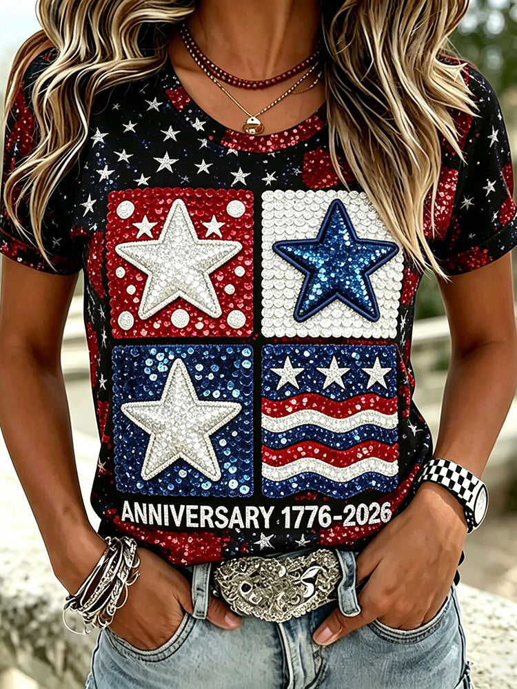 Women's Retro Sequin Independence Day Print T-shirt