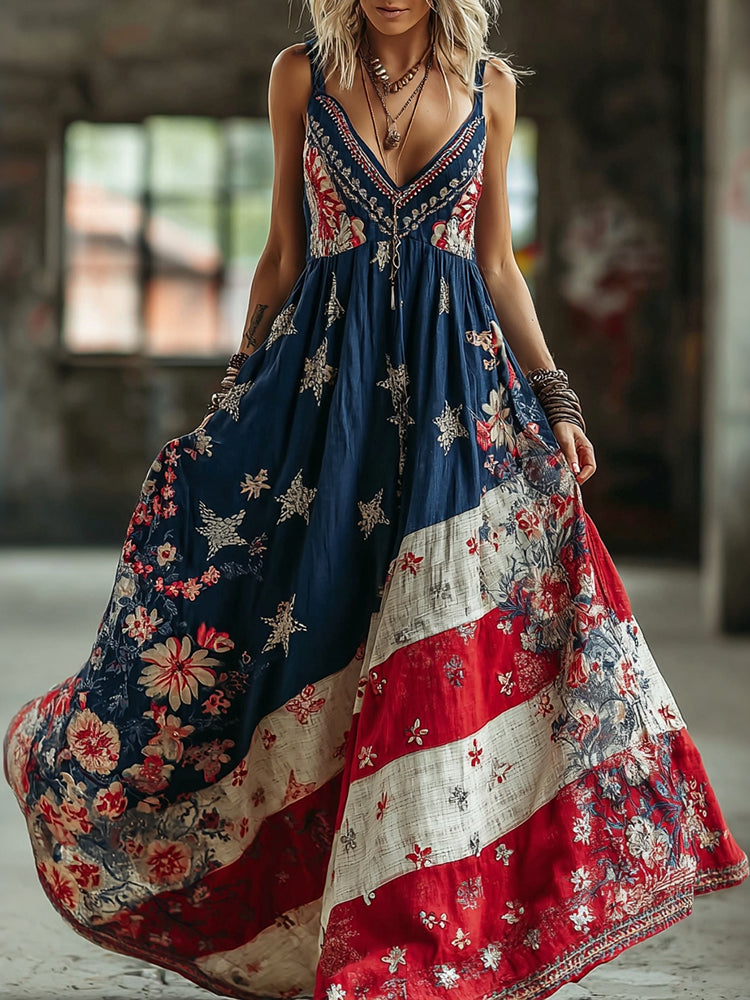 Women's Floral Flag Design Contrast Print Dress