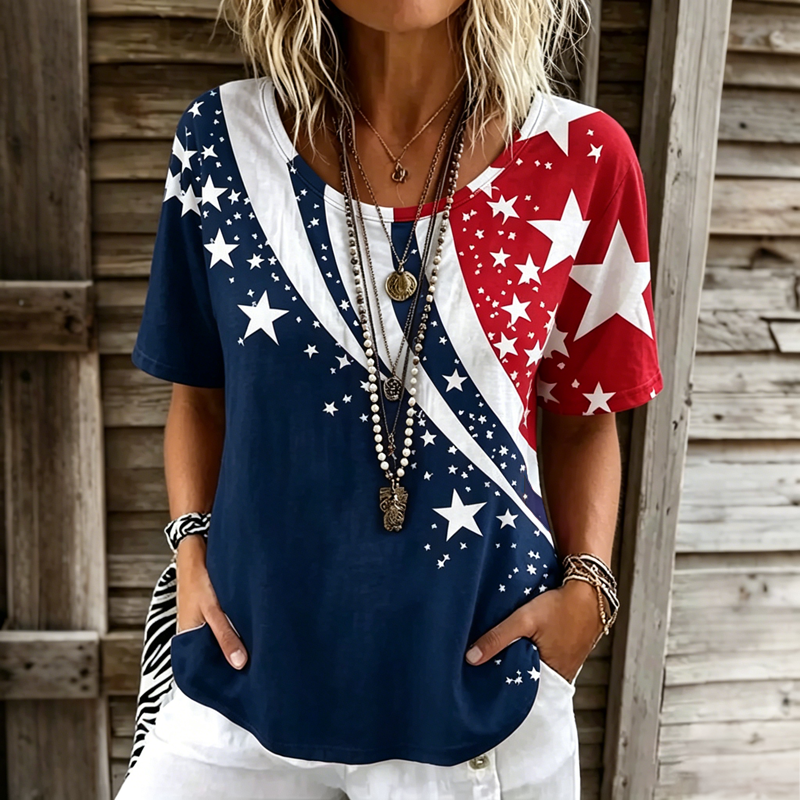 Women's Vintage Floral Flag Patchwork Art Print Tshirt