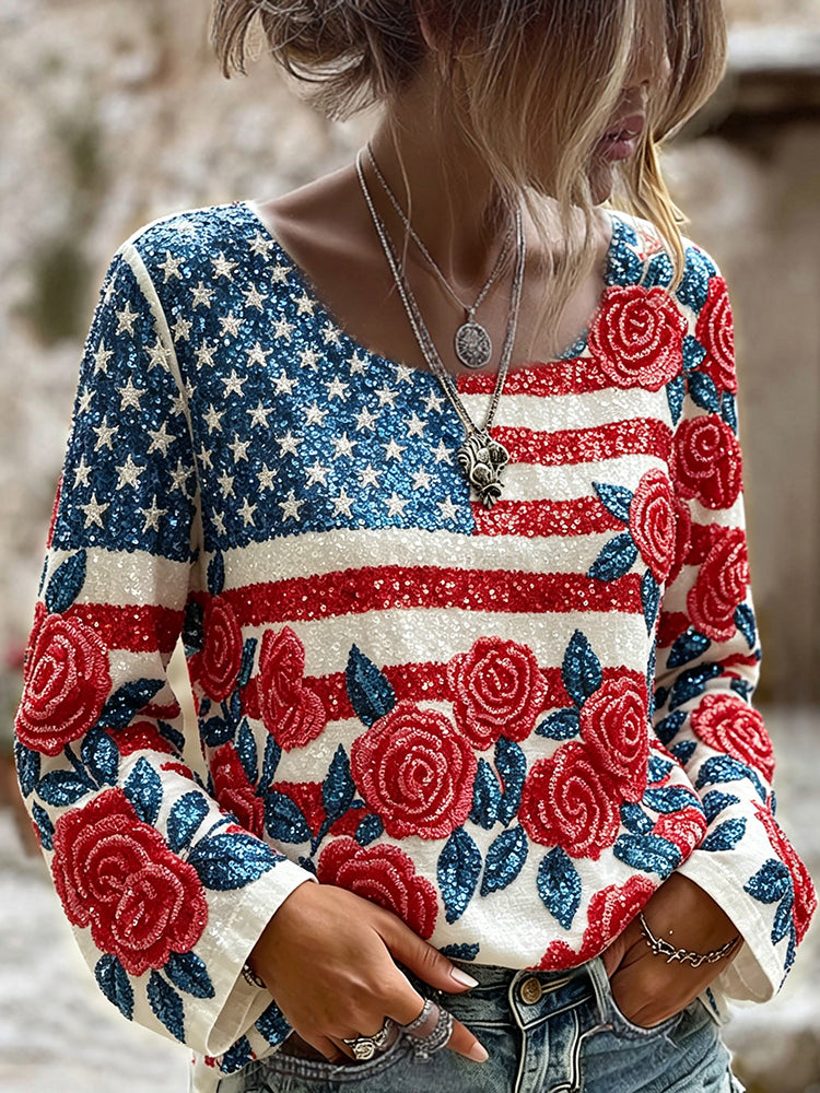 Usa Glitter Flag With Flowers Art Long Sleeve T Shirt