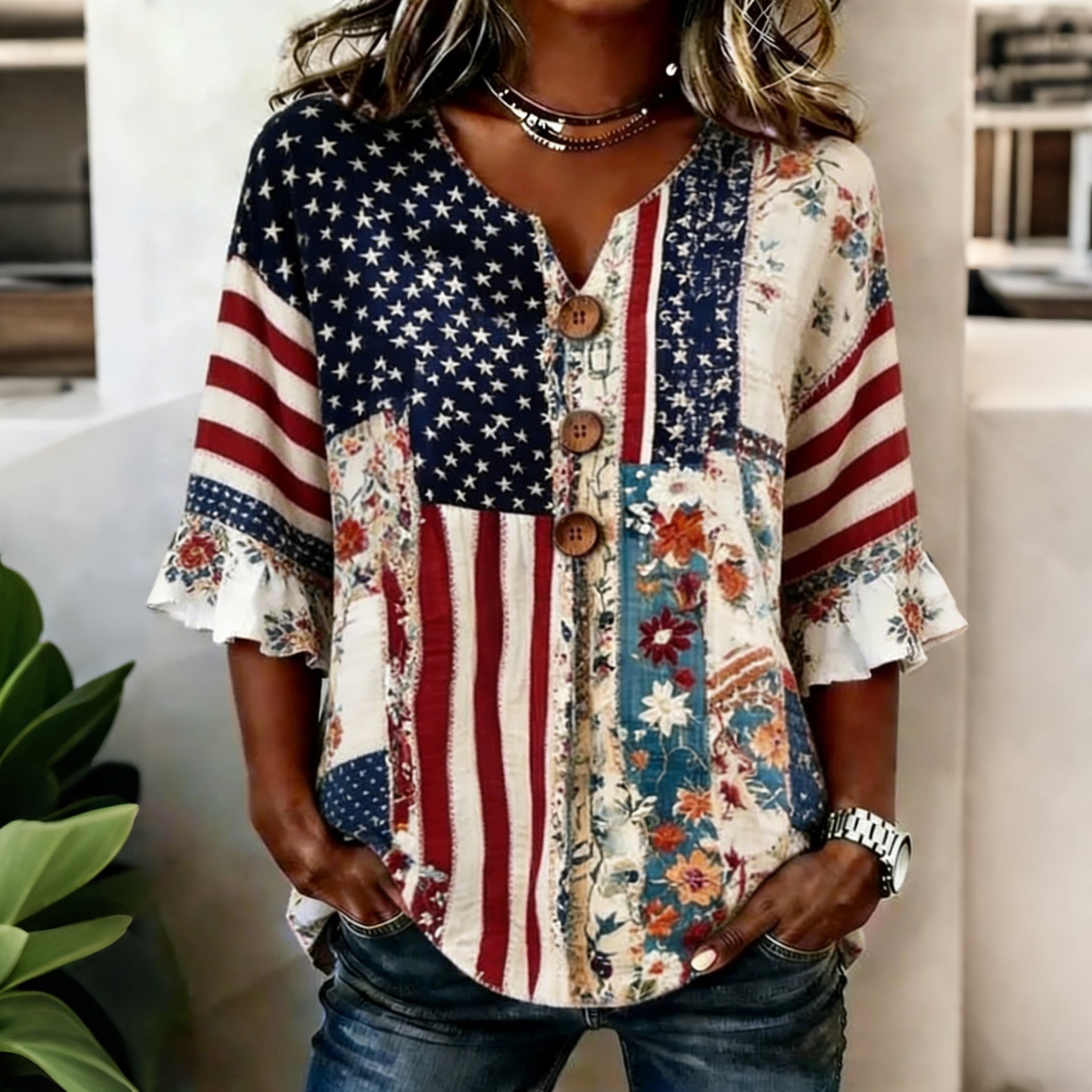 Women's Vintage Floral Flag Patchwork Art Print Tops