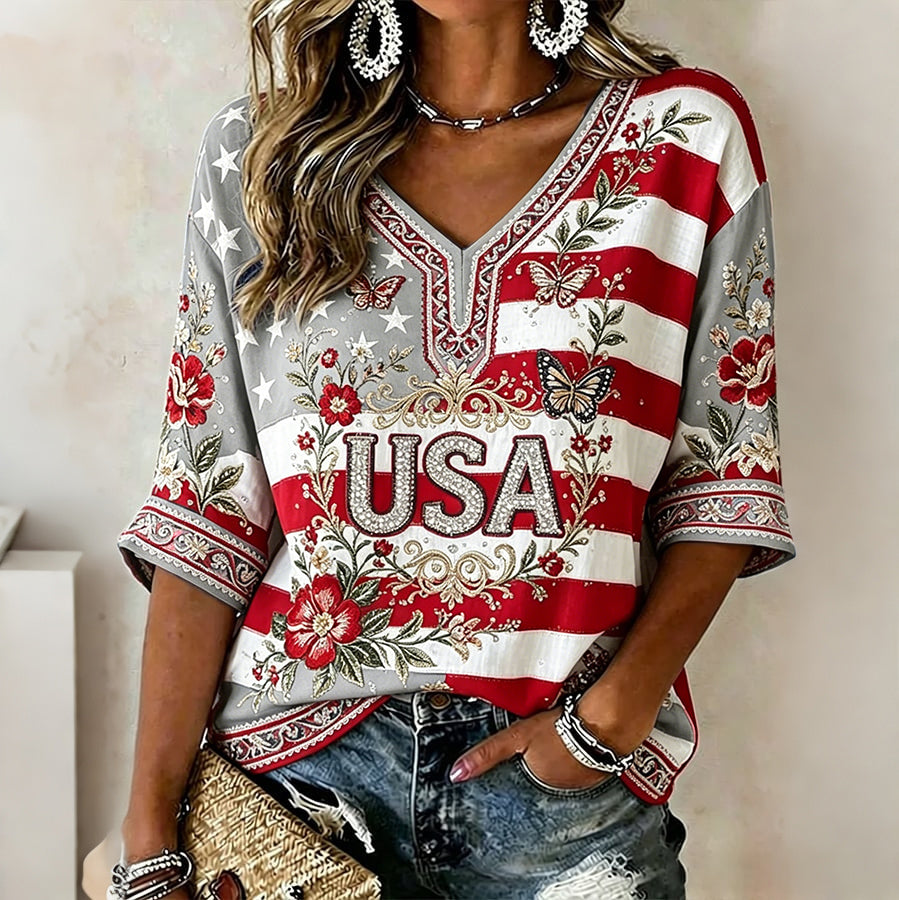 Vintage Usa Anniversary Art Casual V Neck T Shirt