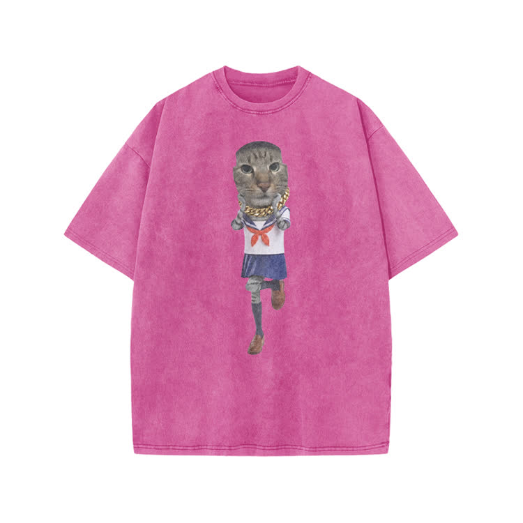 Playful Street Sailor Cat Graphic Print Acid Washed T-shirt