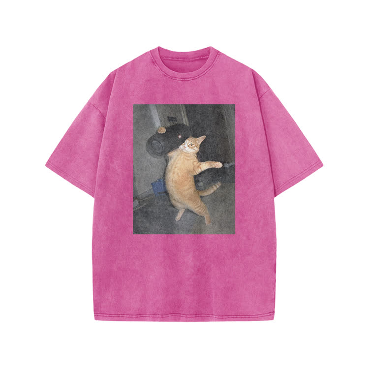 Vintage Minimal Streetwear Cat Graphic Print Acid Washed T-Shirt