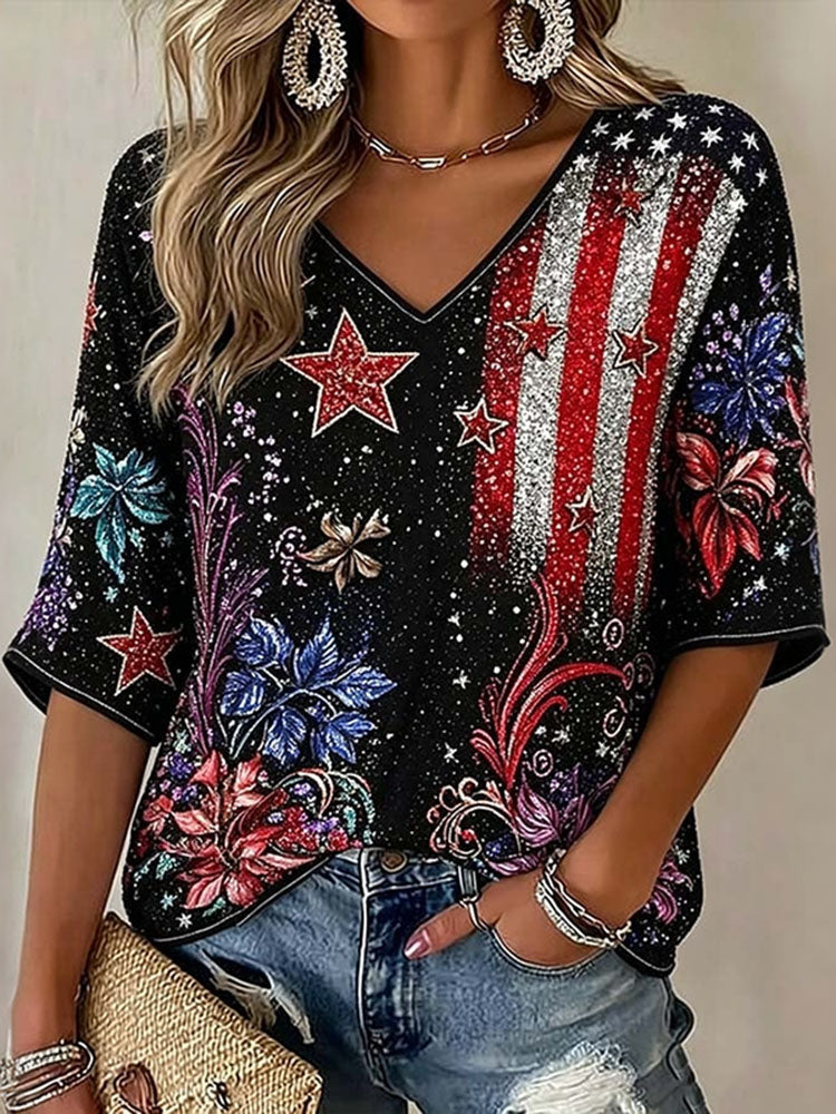 Women's Vintage Usa Anniversary Floral Art Casual V Neck T Shirt