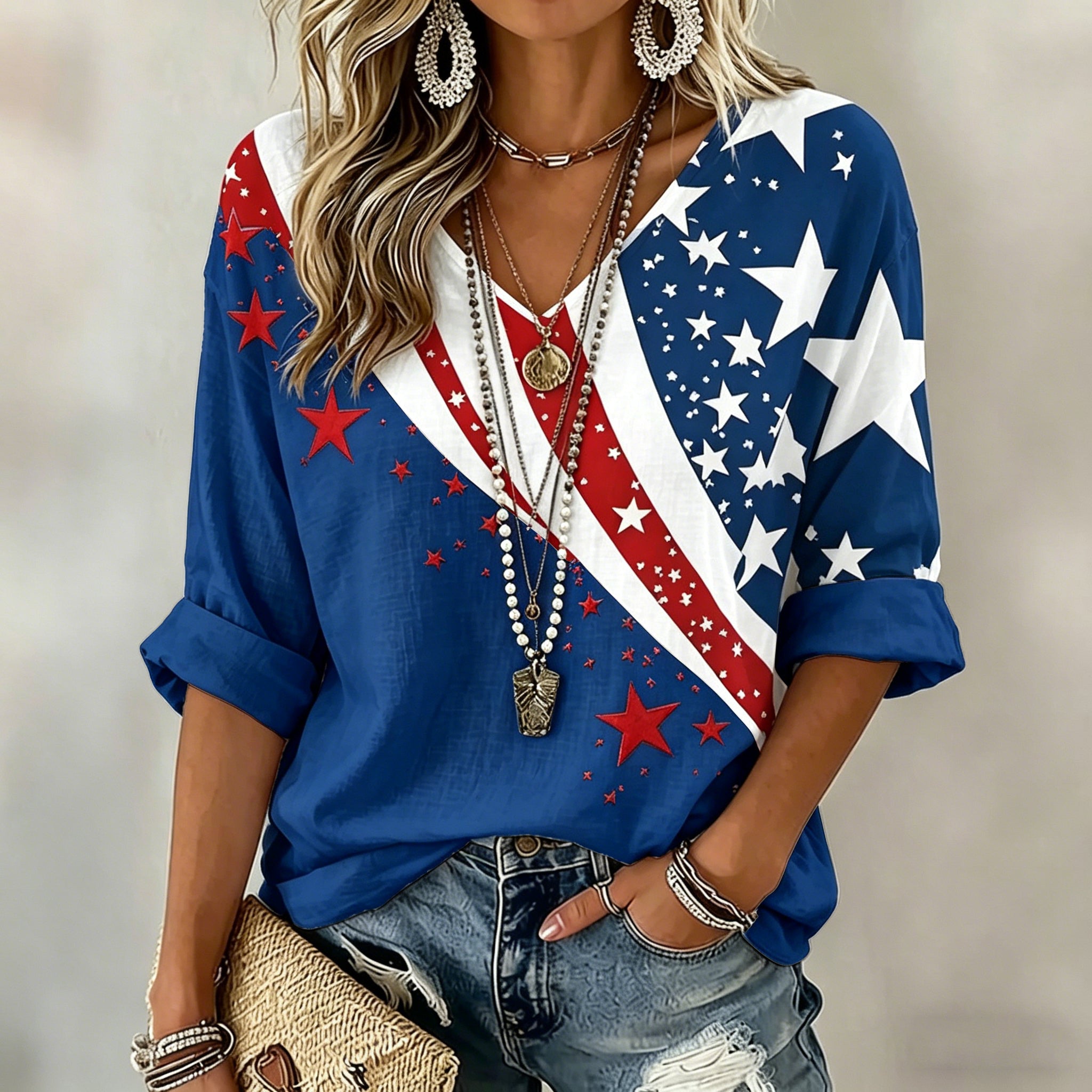 Women's  Flag Art Three-quarter Sleeve V Neck Linen Tops