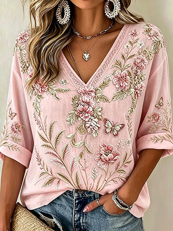 Women's  Pink And Purple Floral Cotton-Linen Print Top