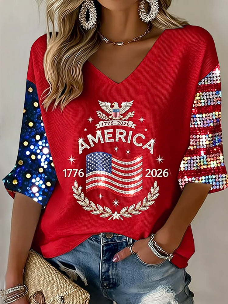Women's Flag Art Three-quarter Sleeve V Neck Linen Tops