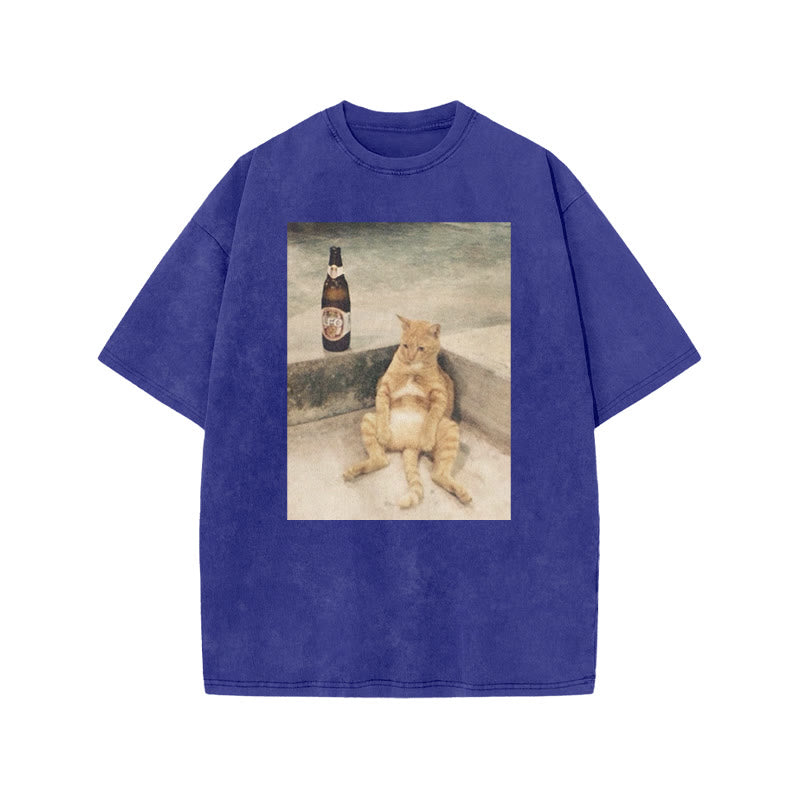 Lazy Cat & Beer Print Acid Washed T-shirt