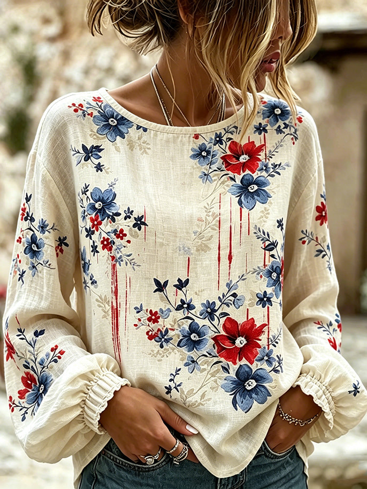 Women's Vintage Floral Art Print Linen Blend T-shirt