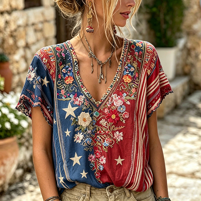 Women's Retro Independence Day With Floral V-neck Short Sleeve T-shirt