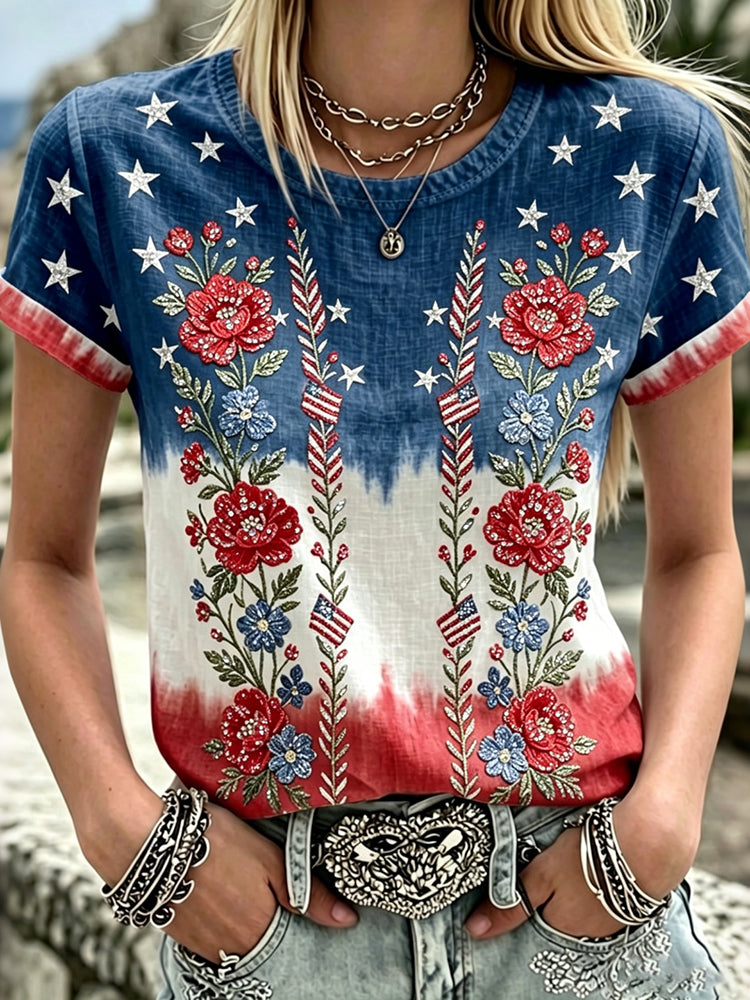 Women's American Flag And Floral  Art Embroidered Cotton Linen Crew Neck Top