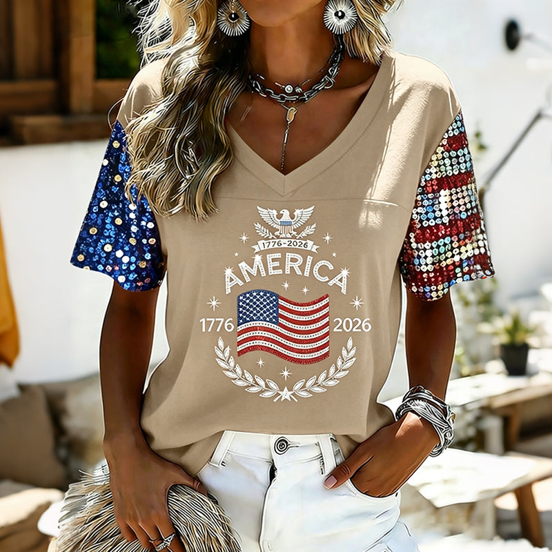 Women's American Flag Art Sequin Casual V-neck Short Sleeve Top