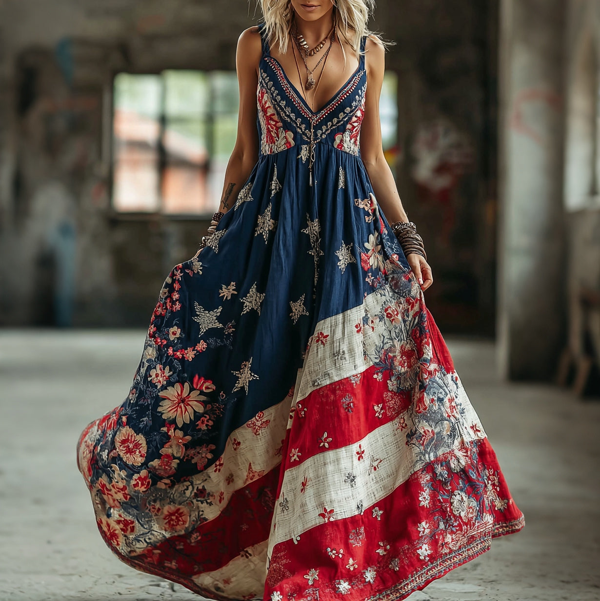Women's Floral Flag Design Contrast Print Dress