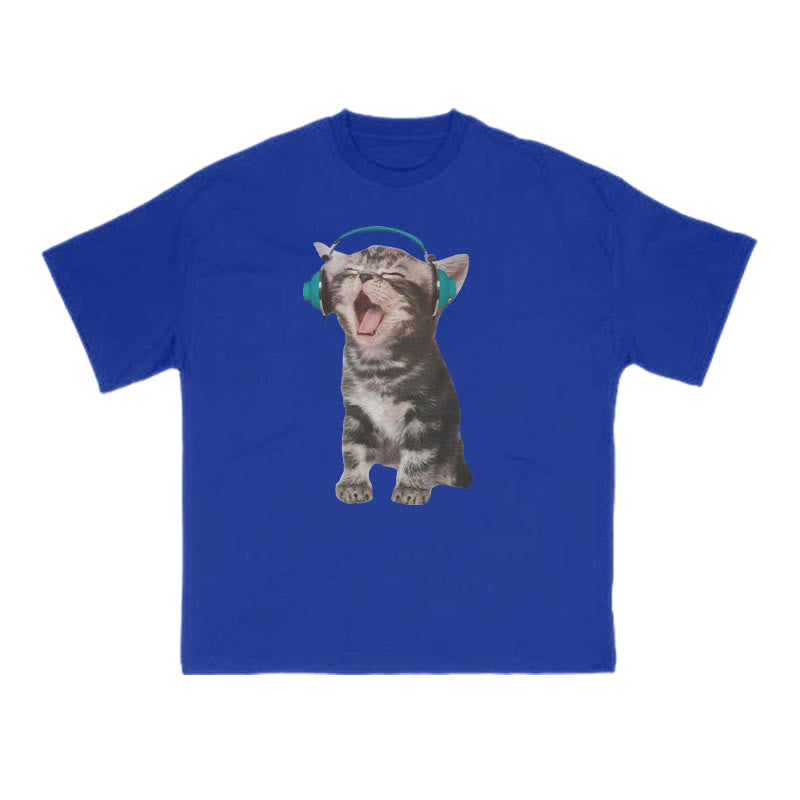 Funny Tabby Cat Wearing Headphones Print T-shirt