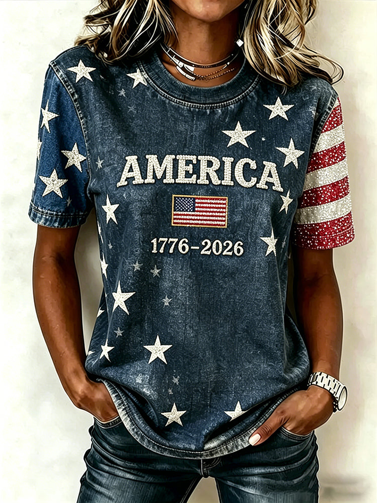 Women's American Flag Hot Drill Pattern Casual Washed T-shirt