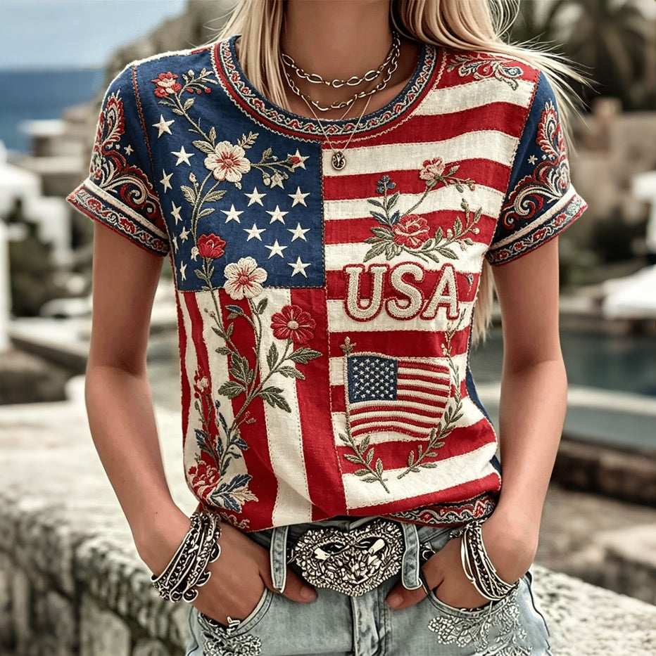 Women's Vintage Anniversary Flag Flower Art Print Linen Blend Casual T-shirt