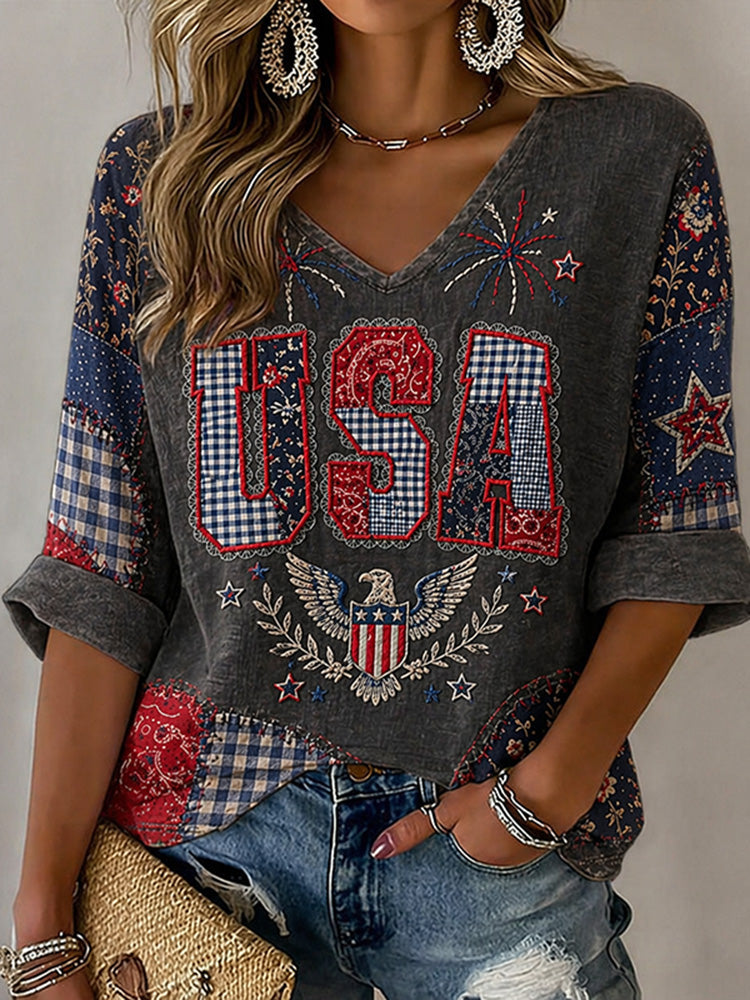 Women's Vintage Flag And Floral Art Three-quarter Sleeve V Neck Linen Tops