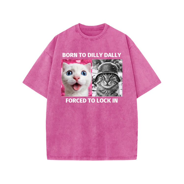 Retro Lock In Cat Photo Graphic Print Acid Washed T-shirt