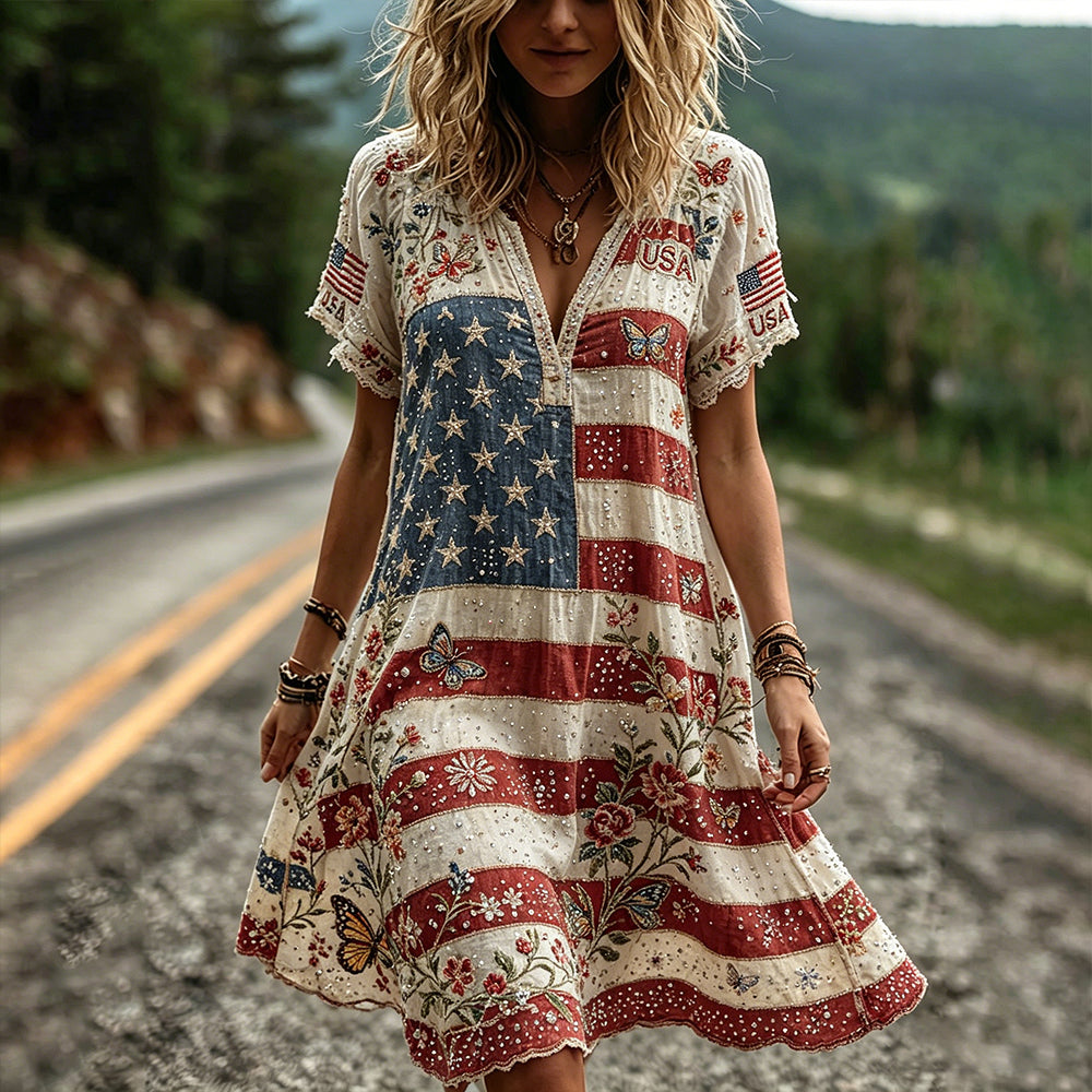 Women's American Flag Memorial Day Art Rhinestone Cotton Linen Distressed V-neck Dress