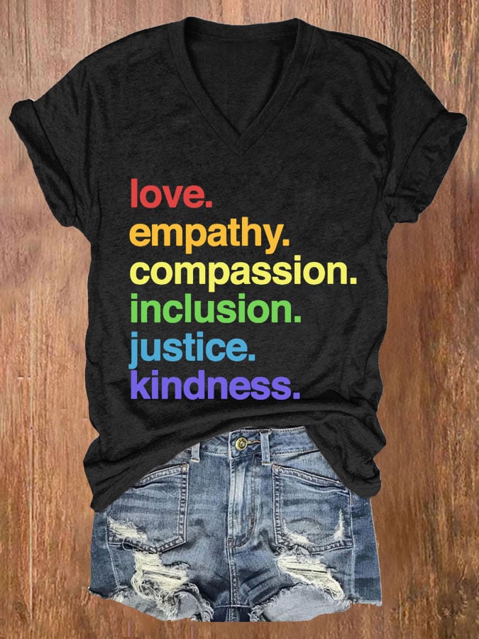 Women's Kindness Is Pride Print V Neck Casual T-shirt