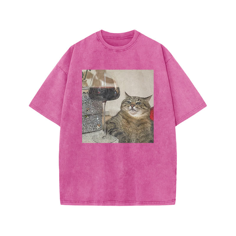 Tabby Cat & Wine Print Acid Washed T-shirt
