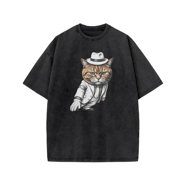 Vintage Gentleman Cat Graphic Print Acid Washed T-shirt