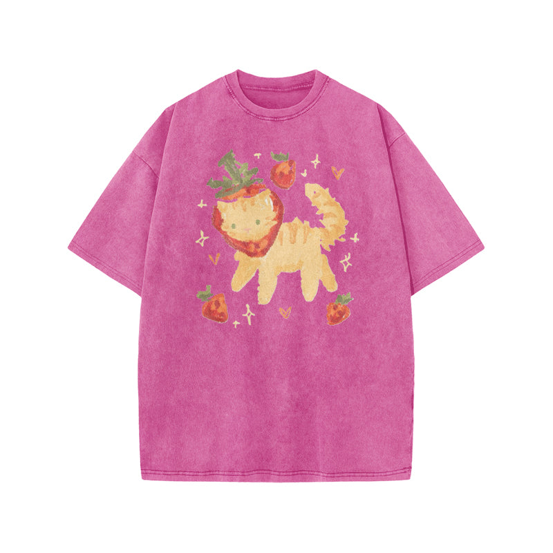 Cat Wearing A Strawberry Hood Print Acid Washed T-shirt
