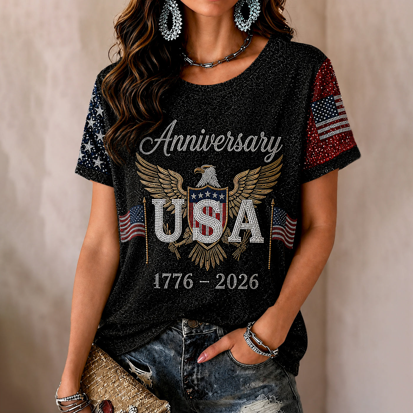 Retro Independence Day 1776–2026 Hot Drill Eagle Pattern Tee