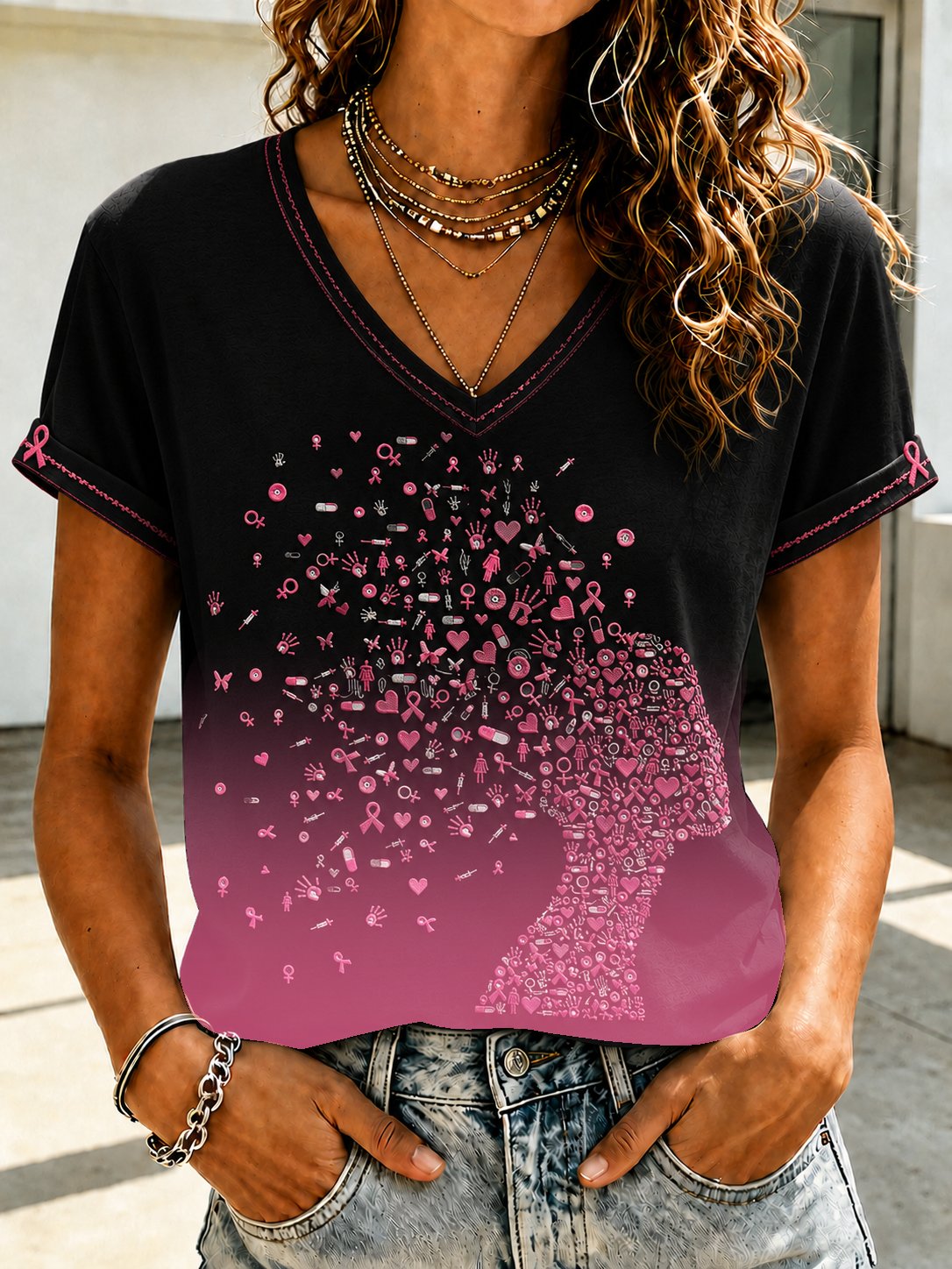 Women's Casual Retro  Floral Print Top (Breast Cancer Awareness)