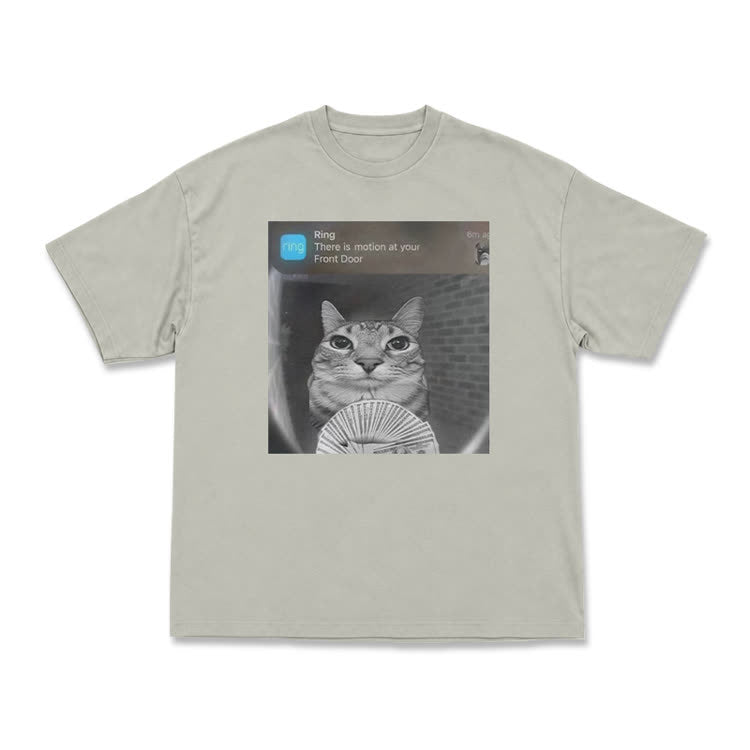 Casual Cat Doorbell Graphic Crew Neck T Shirt