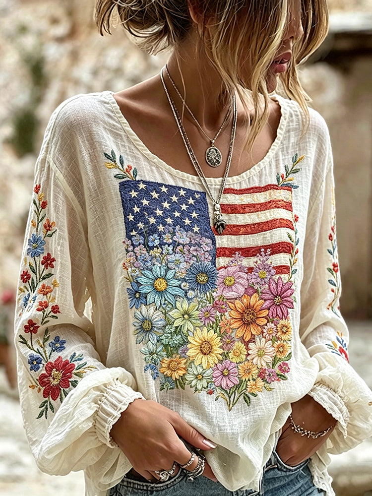 Women's Vintage Boho Floral Patchwork Art Print Linen Blend T-shirt