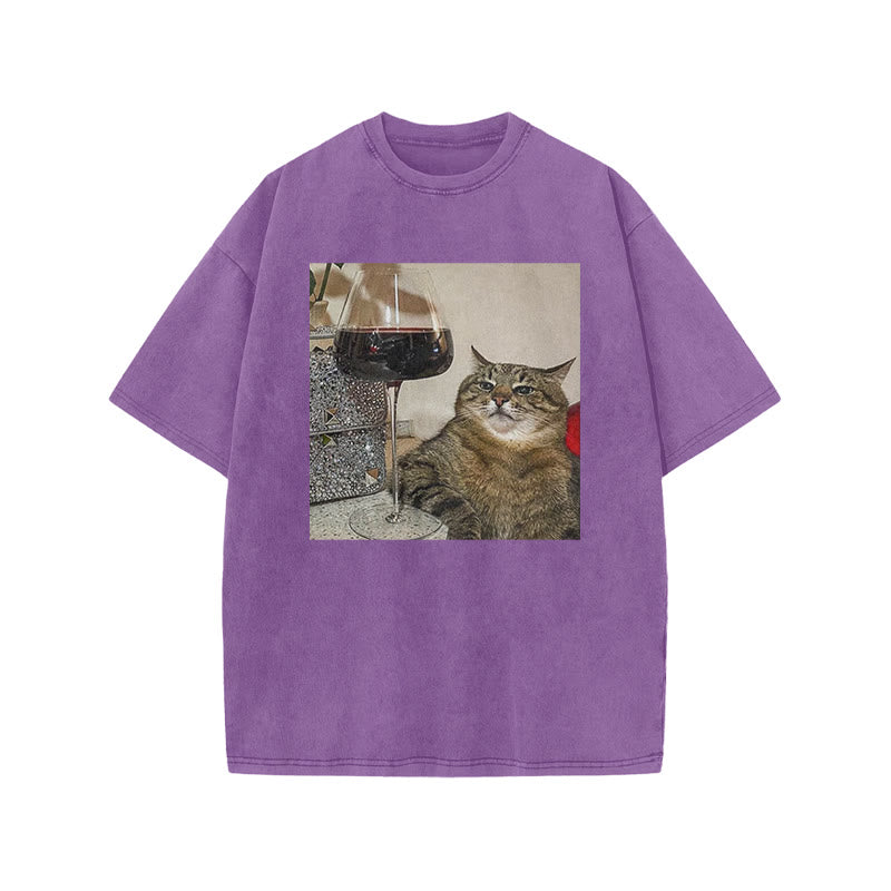 Tabby Cat & Wine Print Acid Washed T-shirt