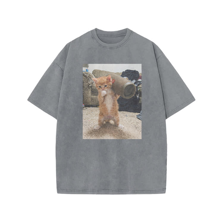Playful Orange Cat Photo Graphic Print Acid Washed T-Shirt