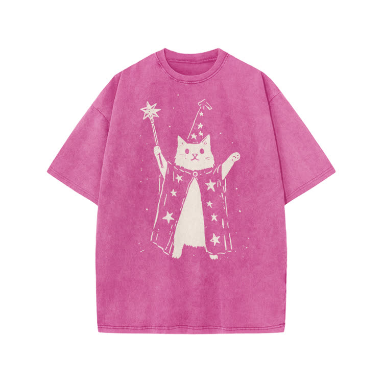 Vintage Wizard Cat Graphic Print Acid Washed T-shirt