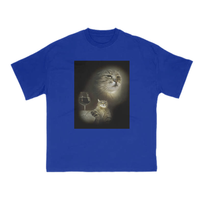 Unisex Cat And Wine Print T-shirt