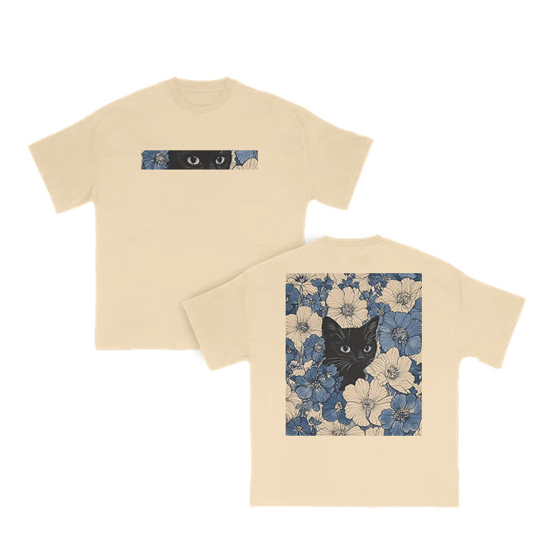 Black Cat In A Patchwork Flower Field Print T-shirt