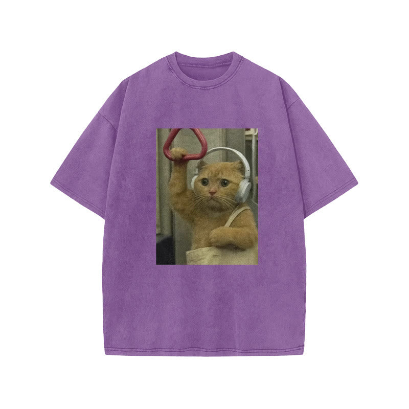 Unisex Cat Riding The Subway Print Acid Washed T-shirt