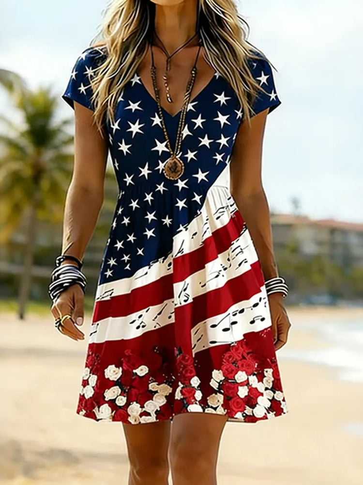 Casual American Five-star Flag Fluttering Colorful Flag V-neck Short Sleeved Dress