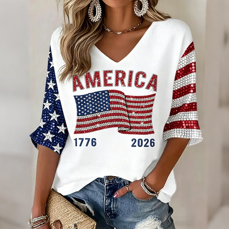Women's Flag Art Three-quarter Sleeve V Neck Linen Tops