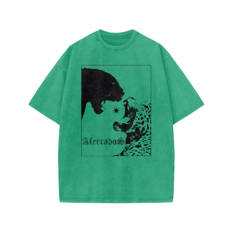 Black Panther Vs Leopard Aterrados Print Acid Washed T-shirt