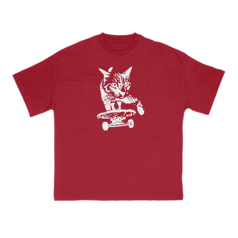 A Tabby Cat Skateboarding Print T-shirt