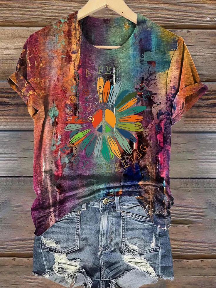Women's Colorful Peace and Love Hippie Print Crew Neck T-Shirt Top