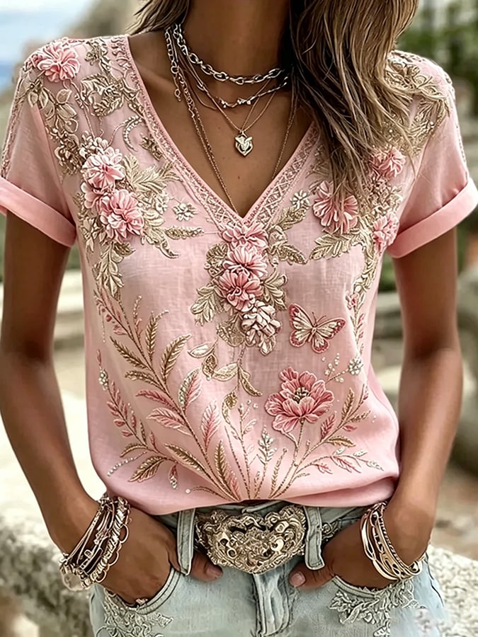 Women's  Pink And Purple Floral Cotton-Linen Print Top