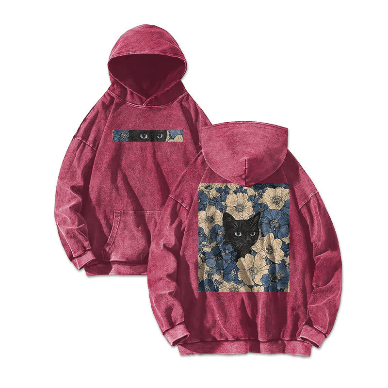 Black Cat In A Patchwork Flower Field Printed Washed Hoodie
