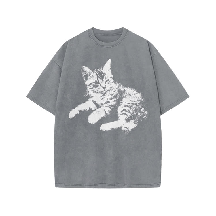 Vintage Cat Graphic Print Acid Washed T-shirt
