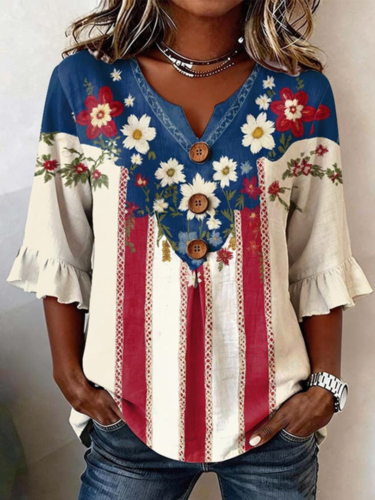 Women's Casual Color Block Anniversary Floral Print Shirt