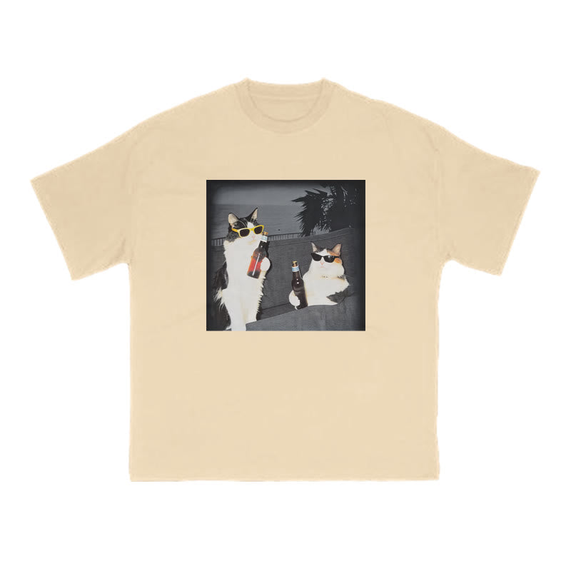 Two Cool Cats Enjoying Beer Print T-shirt