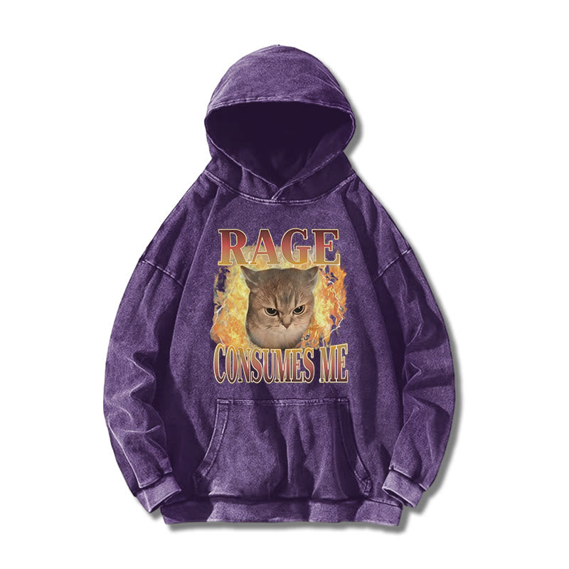 Rage Consumes Me Meme Cat Printed Washed Hoodie